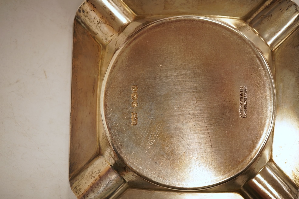 A heavy square engine-turned silver ashtray, by Mappin & Webb, Sheffield, 1964, 99mm, 6oz.